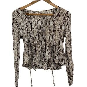 Muche et Muchette‎ Snakeskin Print Ruffle Tie Front Peplum Blouse Brown Tan S/M